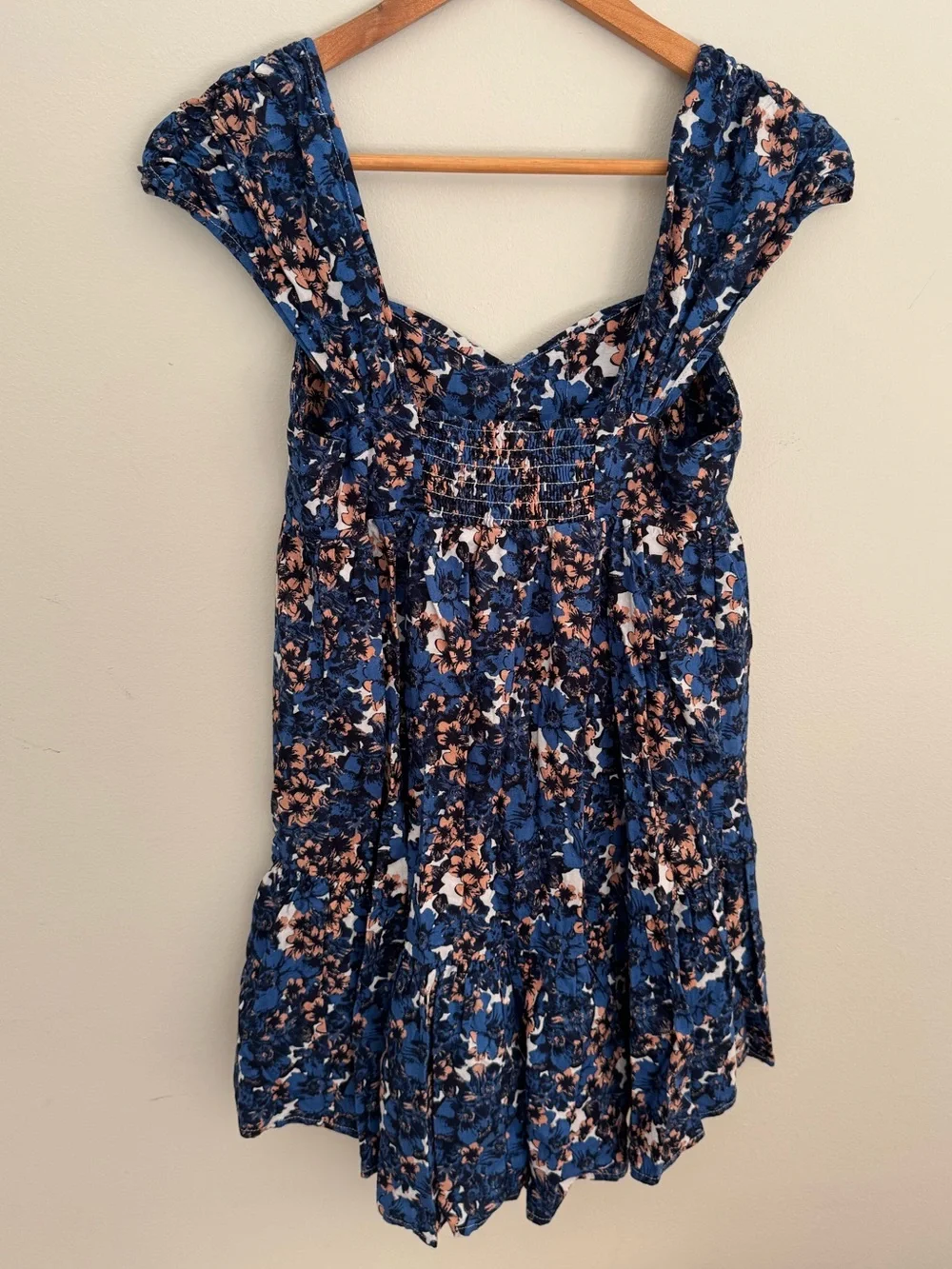 Free People Pattern Play Floral Smocked Mini Dress Blue Cool Combo Size XS